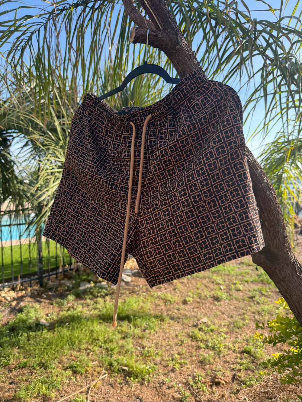 Men's Black & Brown Geometric Swim Trunks